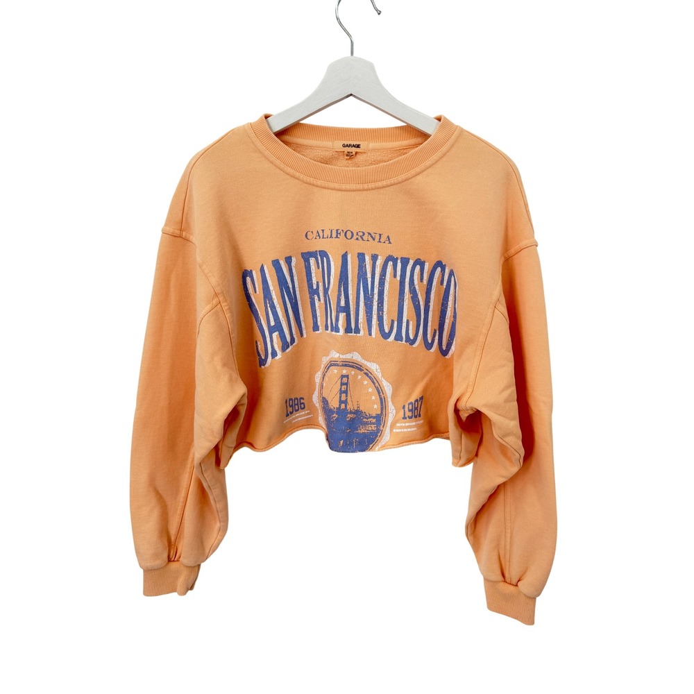 Garage Sweatshirt Womens M Orange San Francisco California Cropped Raw Hem